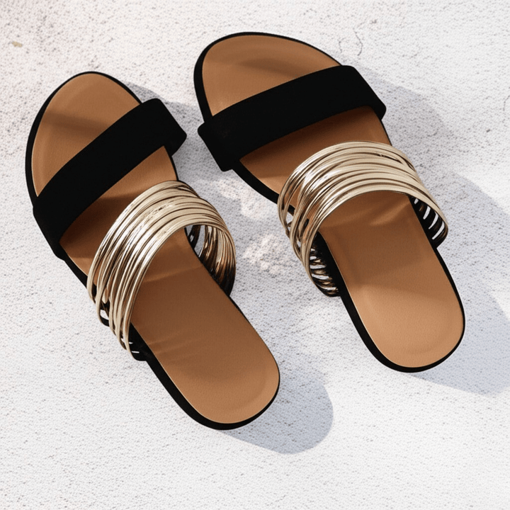 Women's open-toe multi-strap flat sandals, easy slip-on design for ultimate summer comfort.