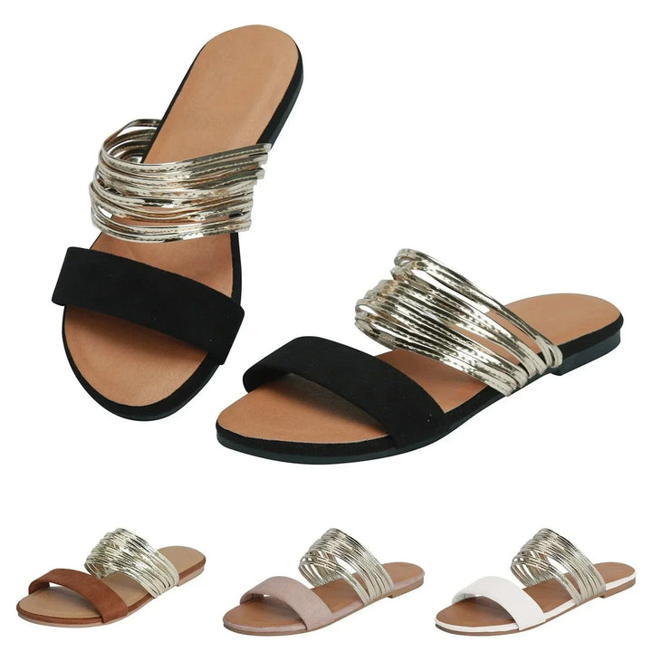 Women's multi-strap flat slip-on sandals, comfortable & versatile for summer casual wear.