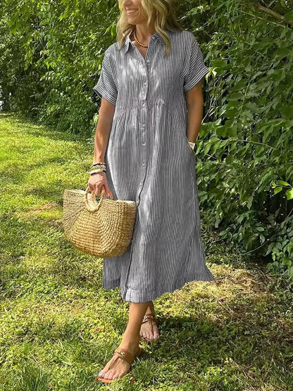Elegant women's button-front maxi dress, a soft-touch shirt dress for effortless style.