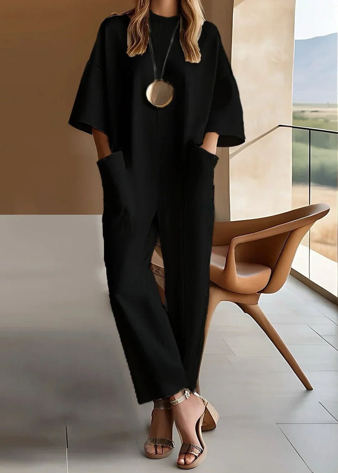 Elegant women's wide leg short sleeve jumpsuit, featuring a flowing relaxed fit, perfect for versatile summer outfits.