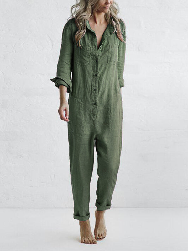Women's effortlessly chic long sleeve button-up jumpsuit. Relaxed fit, comfortable one-piece for versatile everyday wear.