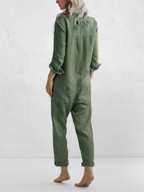 Casual long sleeve button-up jumpsuit for women. Comfortable, relaxed fit one-piece ideal for everyday style.