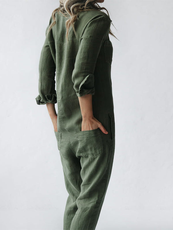Chic women's long sleeve jumpsuit with button-up front. Versatile one-piece, perfect for stylish casual looks.