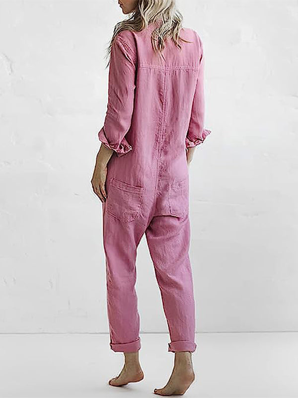 Soft, comfortable women's long sleeve button-up jumpsuit. Relaxed fit one-piece, perfect for all-day casual wear.