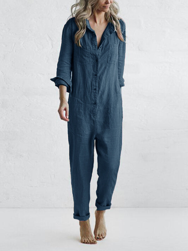 Front view of women's long sleeve button-up jumpsuit. A chic, relaxed fit one-piece for versatile everyday outfits.