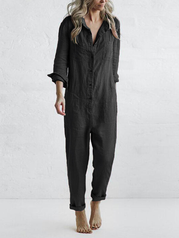 Everyday women's long sleeve button-up jumpsuit. Comfortable and chic, this relaxed fit one-piece offers versatile style.
