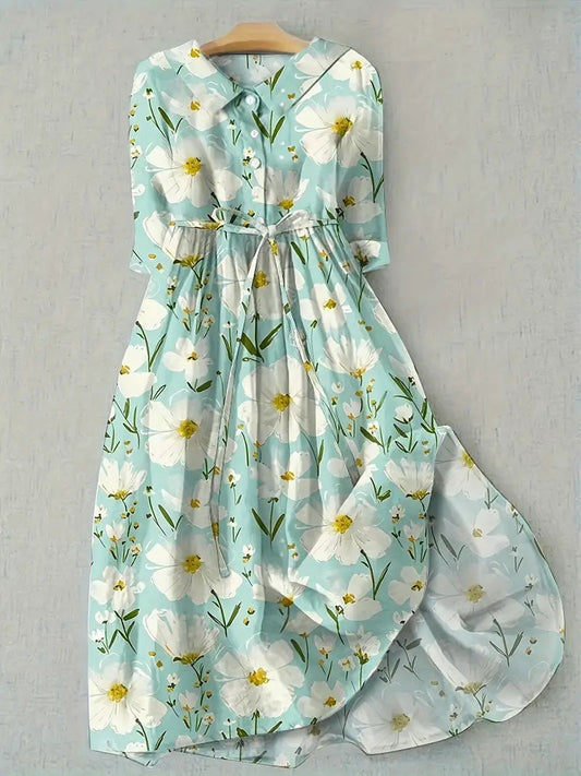 Women's Elara floral short-sleeve summer dress, elegant yet comfortable for casual day wear. Versatile women's fashion.