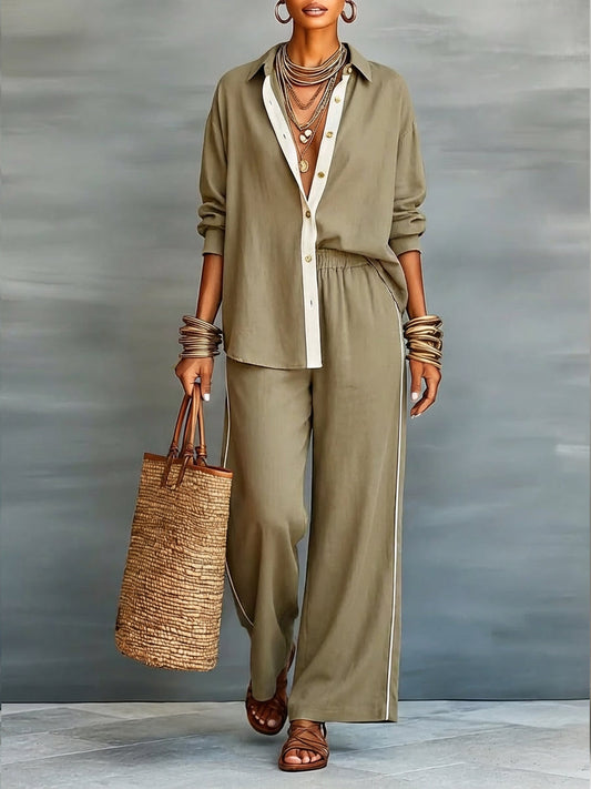 Women's elegant 2-piece linen blend set, V-neck top & elastic waist pants. Stylish & comfortable summer outfit.