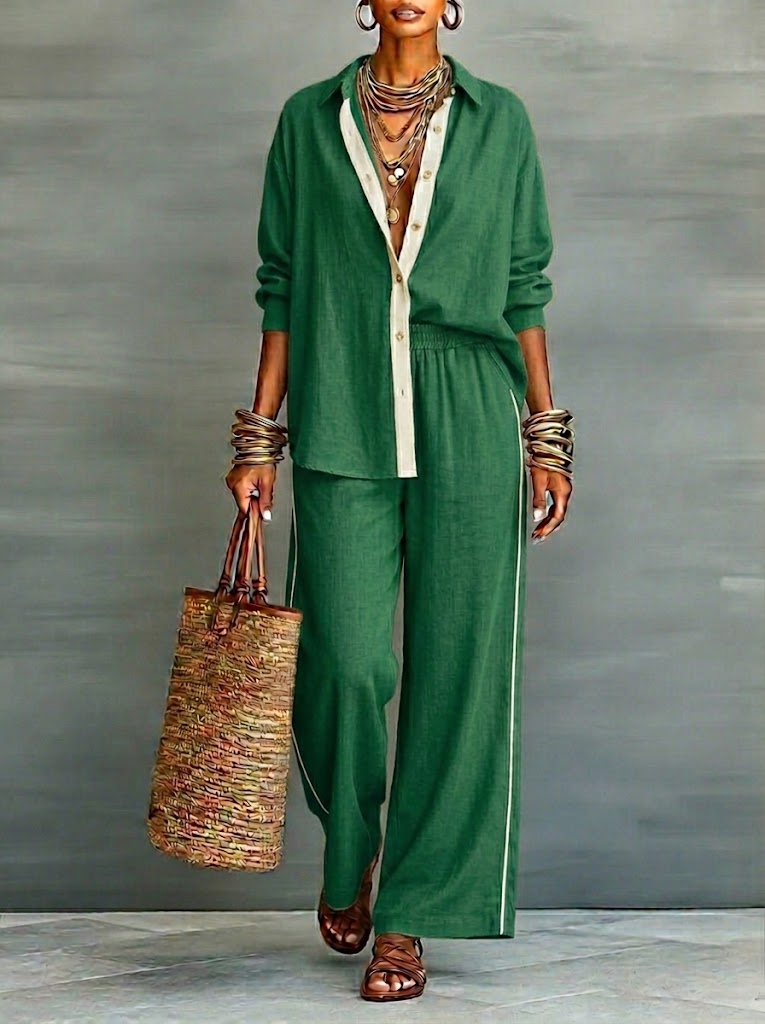 Khaki women's cotton linen 2-piece set, long sleeve V-neck top & elastic waist pants. Casual elegant spring fashion.