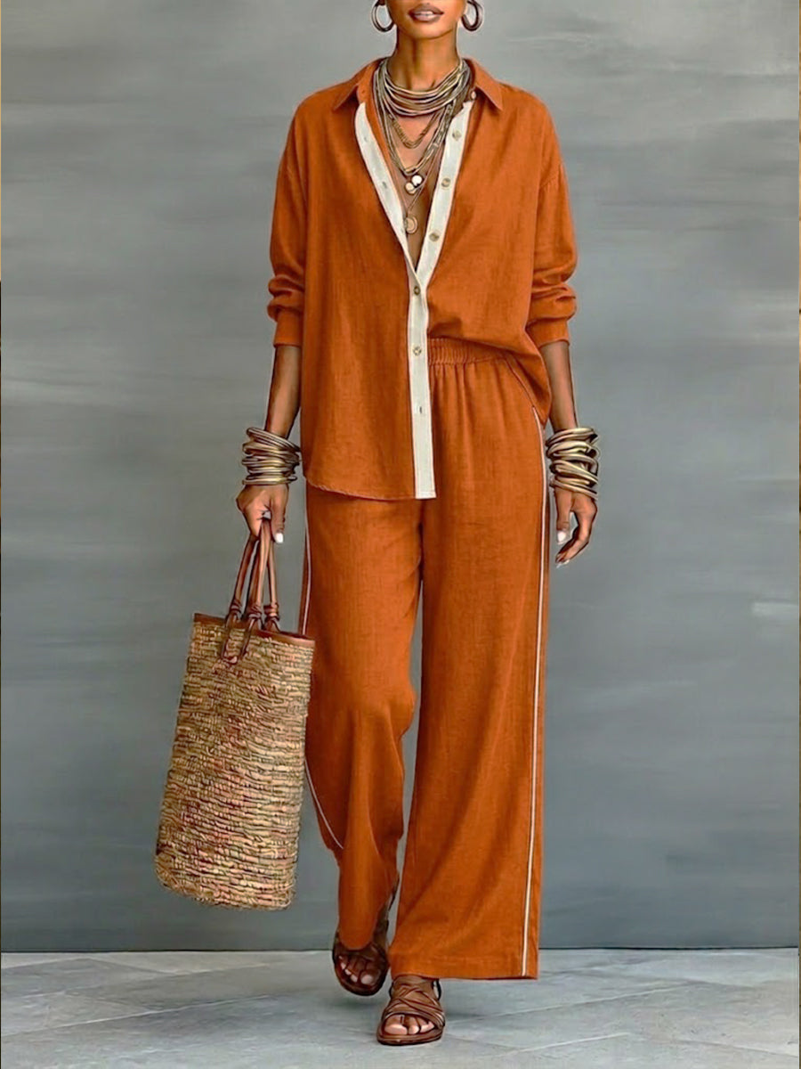 Comfortable women's 2-piece linen blend set, V-neck top & elastic waist pants. Effortlessly stylish casual wear.