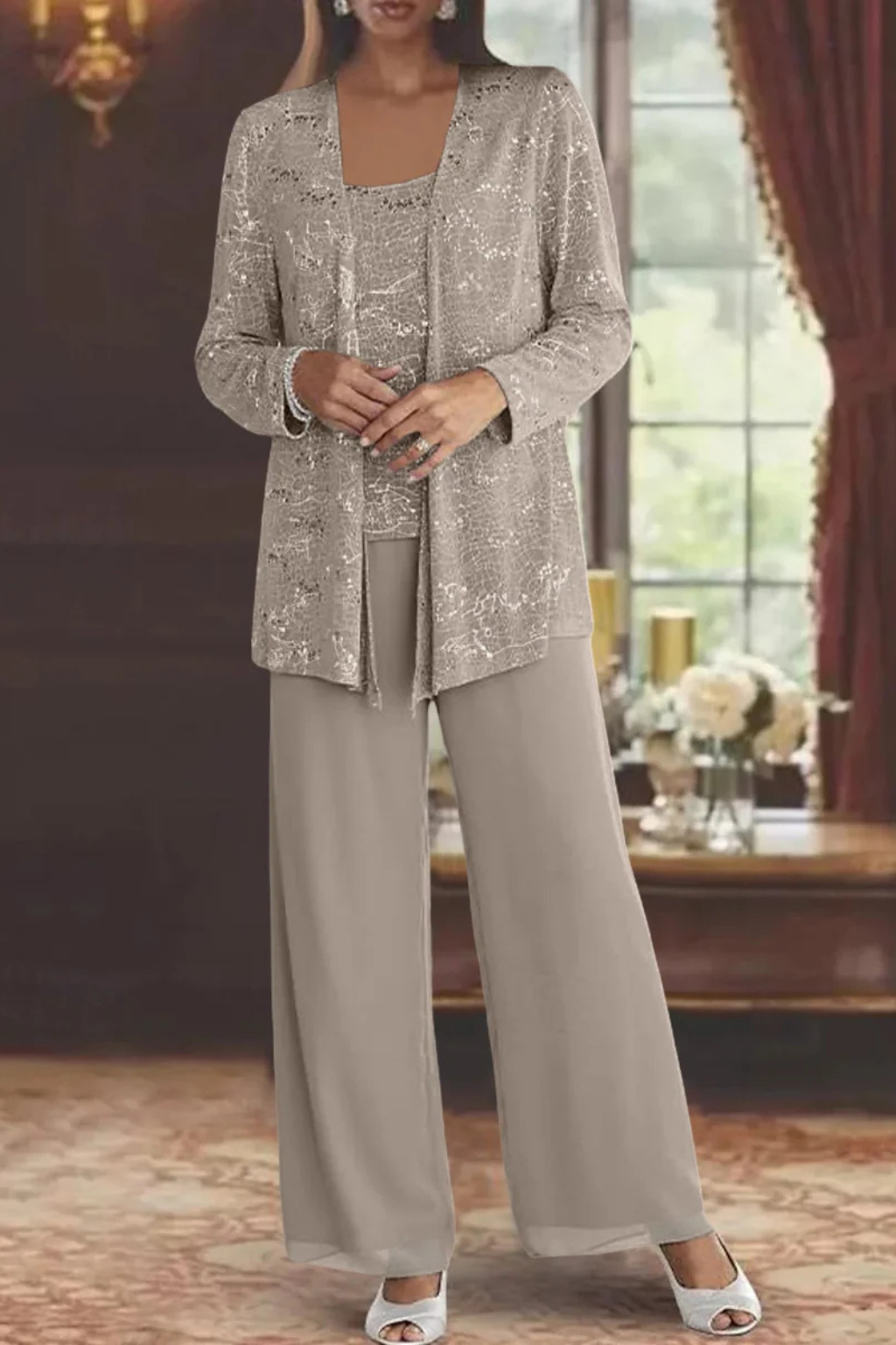 Modern women's three-piece evening set. Flowing silhouette, elegant formal wear for special occasions.