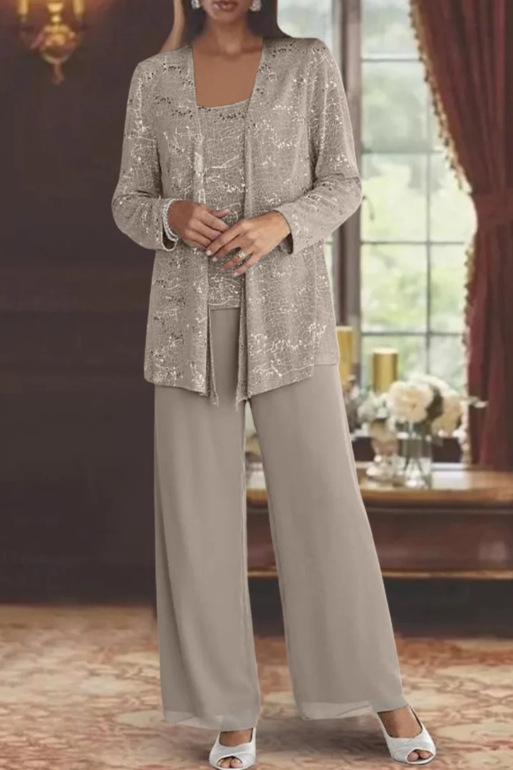 Modern women's three-piece evening set. Flowing silhouette, elegant formal wear for special occasions.