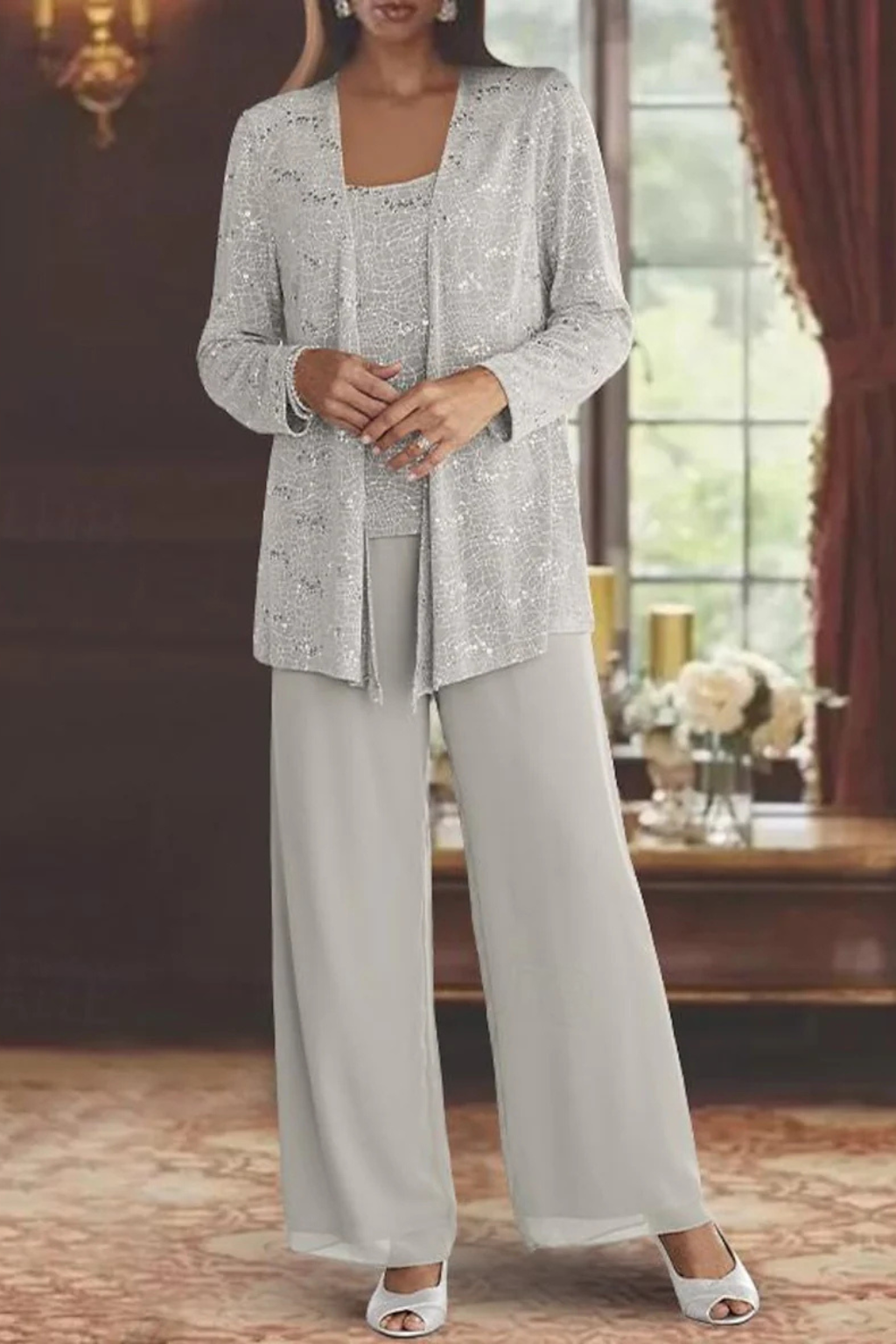 Sophisticated women's three-piece evening set. Formal wear featuring a graceful flowing silhouette.