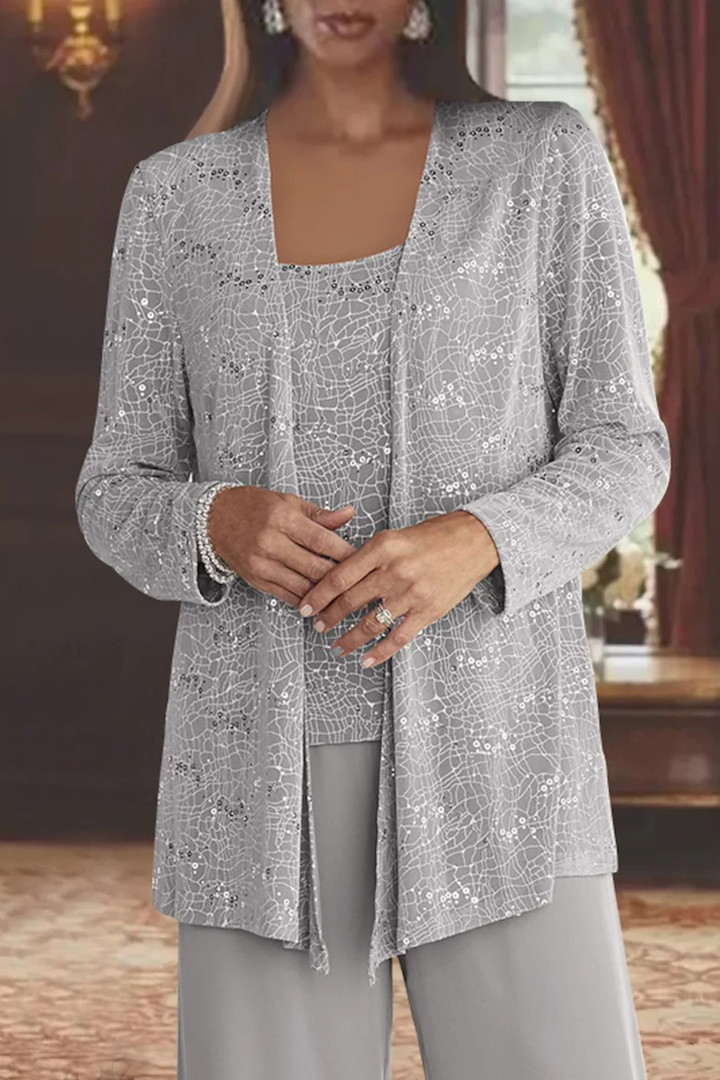Stunning women's formal evening gown set, 3-piece design, showcasing an elegant flowing silhouette.