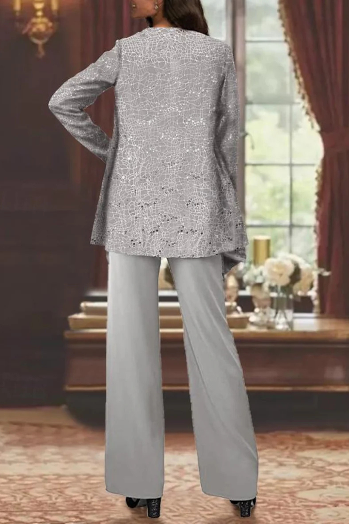 Graceful women's three-piece evening wear with a flowing silhouette. Ideal formal attire for events.