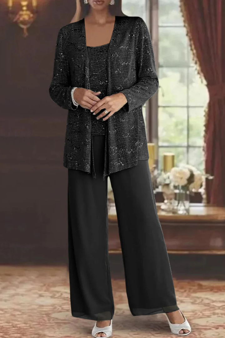 Chic women's three-piece formal evening set. Beautiful flowing silhouette for sophisticated style.