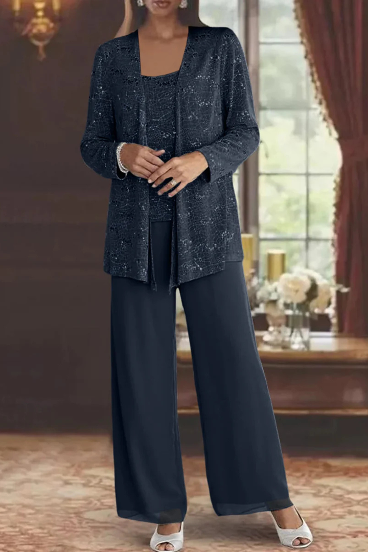 Women's formal three-piece evening set with a flowing silhouette, designed for special events.