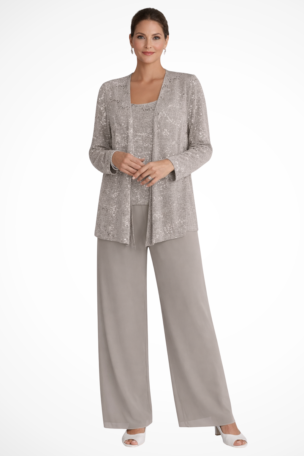 Classic women's 3-piece formal evening gown set. Refined flowing silhouette for elegant wear.