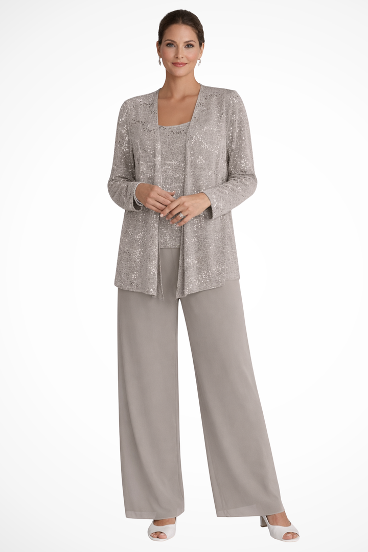 Classic women's 3-piece formal evening gown set. Refined flowing silhouette for elegant wear.