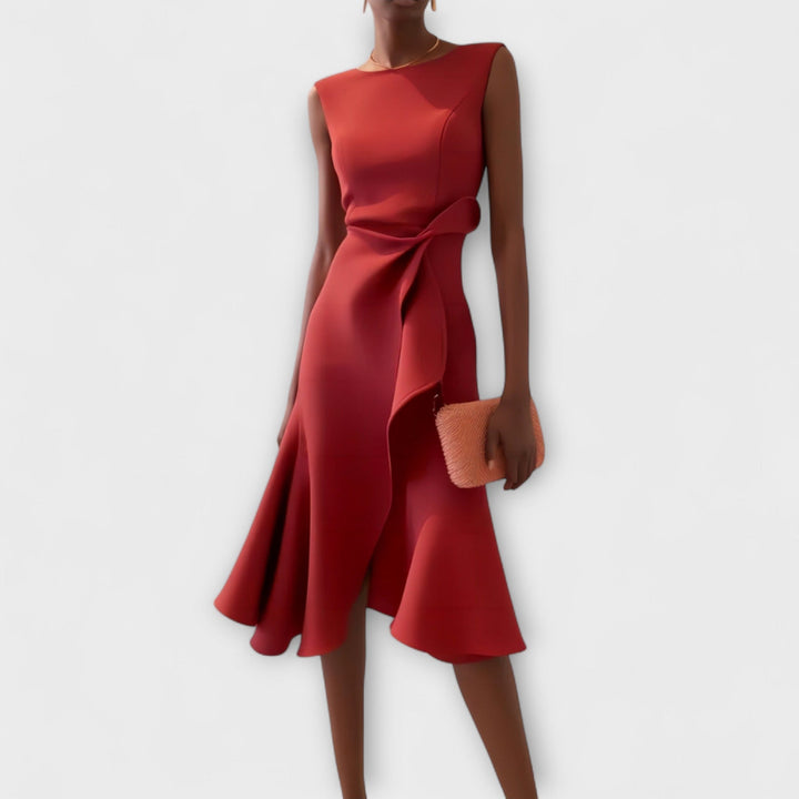 Women's elegant asymmetric midi dress, versatile for cocktail parties & formal occasions. Stylish sleeveless design.