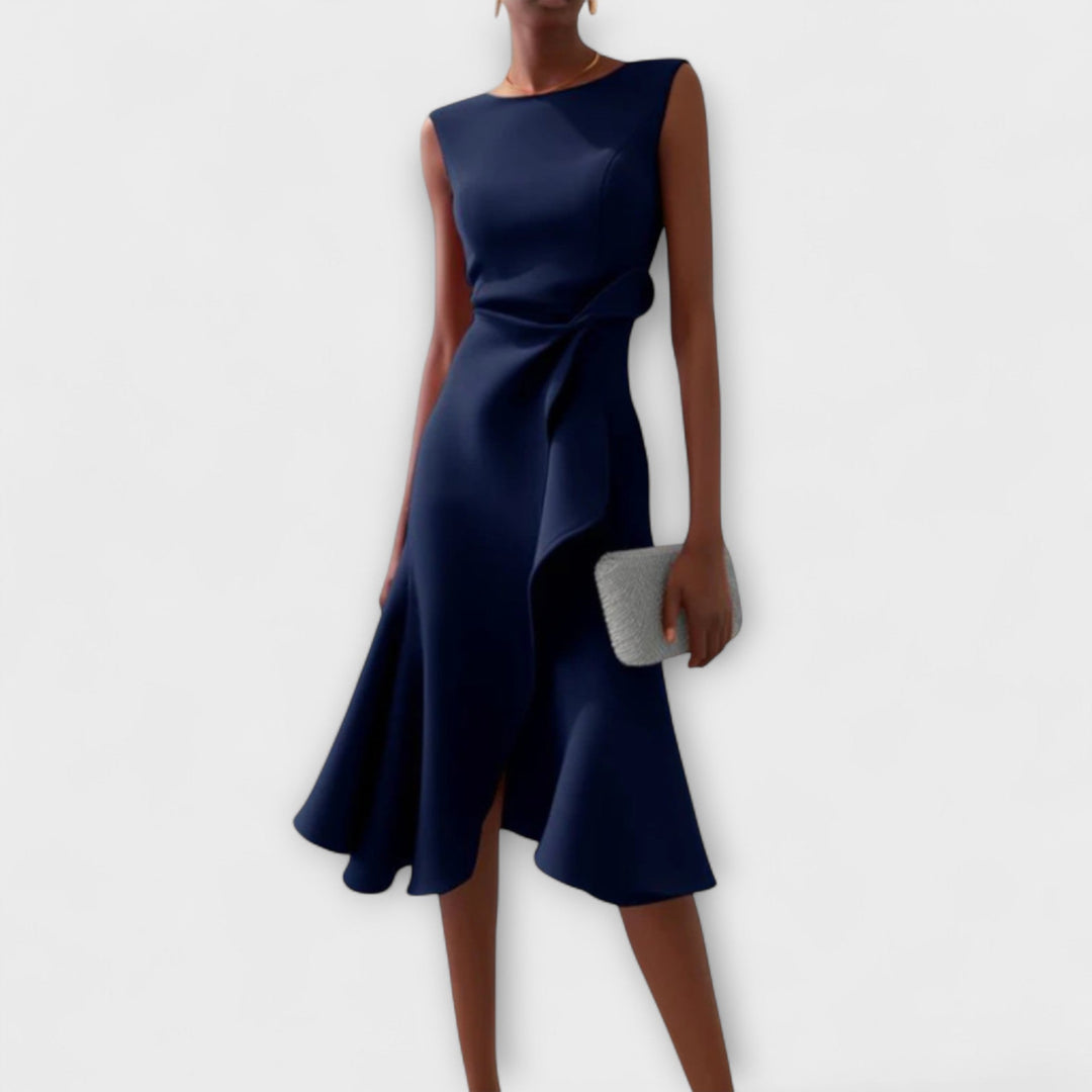 Versatile women's midi dress with an elegant asymmetric hem. Ideal sleeveless cocktail & party dress for women.