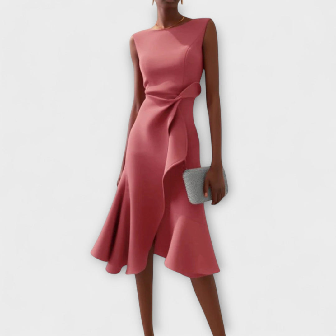Stylish women's sleeveless midi dress, featuring a unique asymmetric design. Perfect formal or evening wear.