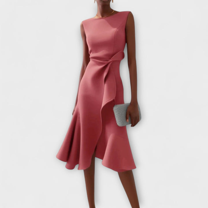 Stylish women's sleeveless midi dress, featuring a unique asymmetric design. Perfect formal or evening wear.