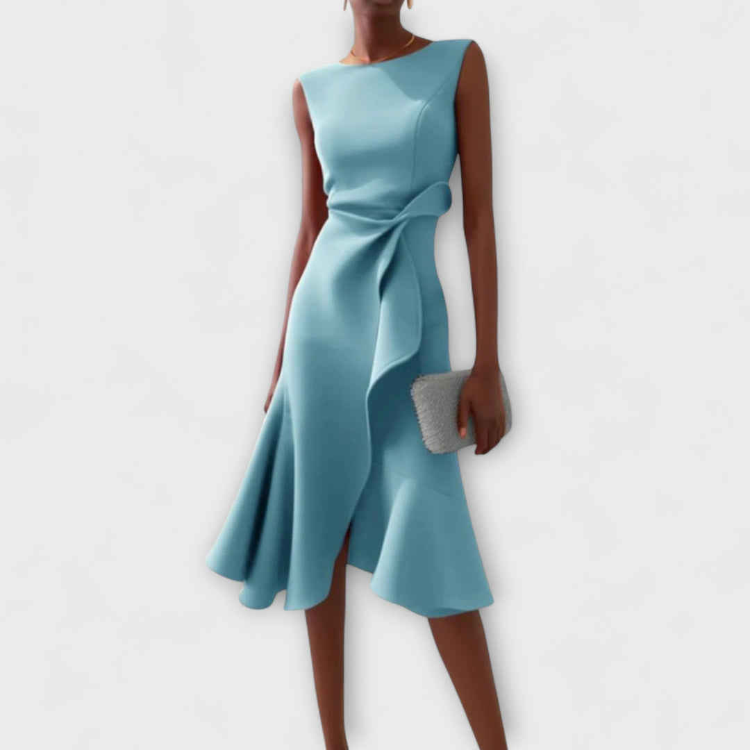 Elegant women's asymmetric midi dress, sleeveless & chic. A versatile choice for any special occasion or formal event.