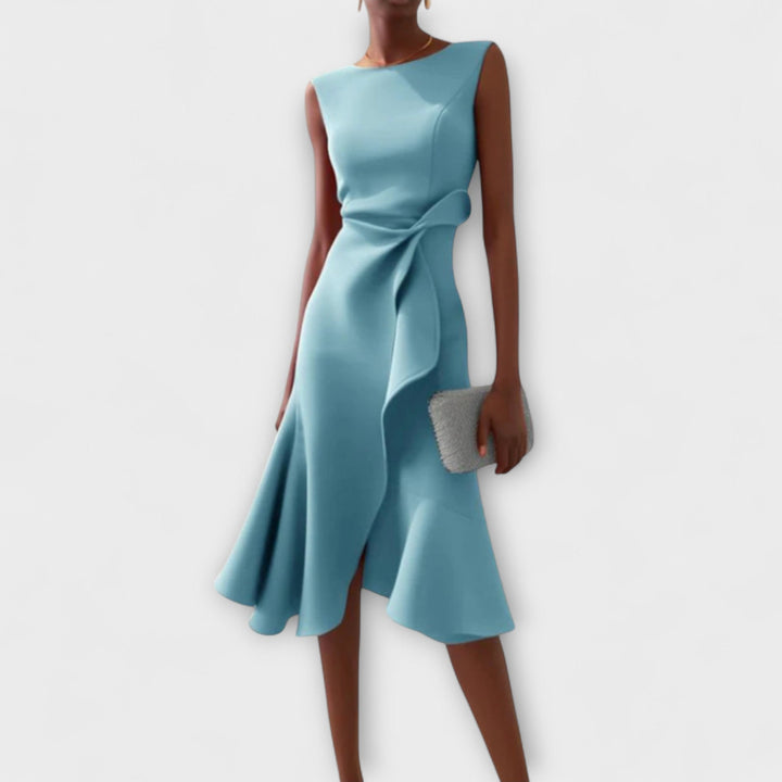 Elegant women's asymmetric midi dress, sleeveless & chic. A versatile choice for any special occasion or formal event.