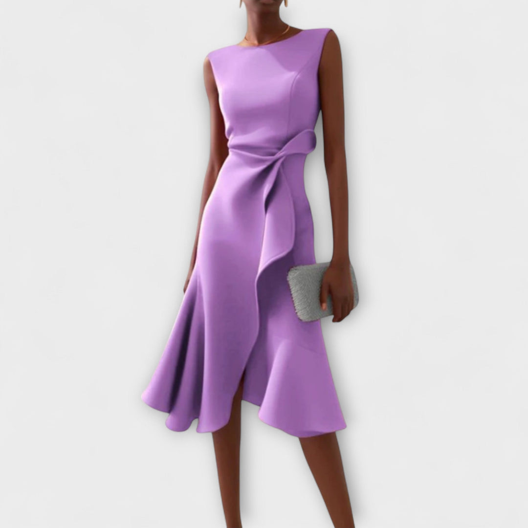 Modern women's asymmetric midi dress, sleeveless and sophisticated. Great for parties, cocktails, and formal wear.