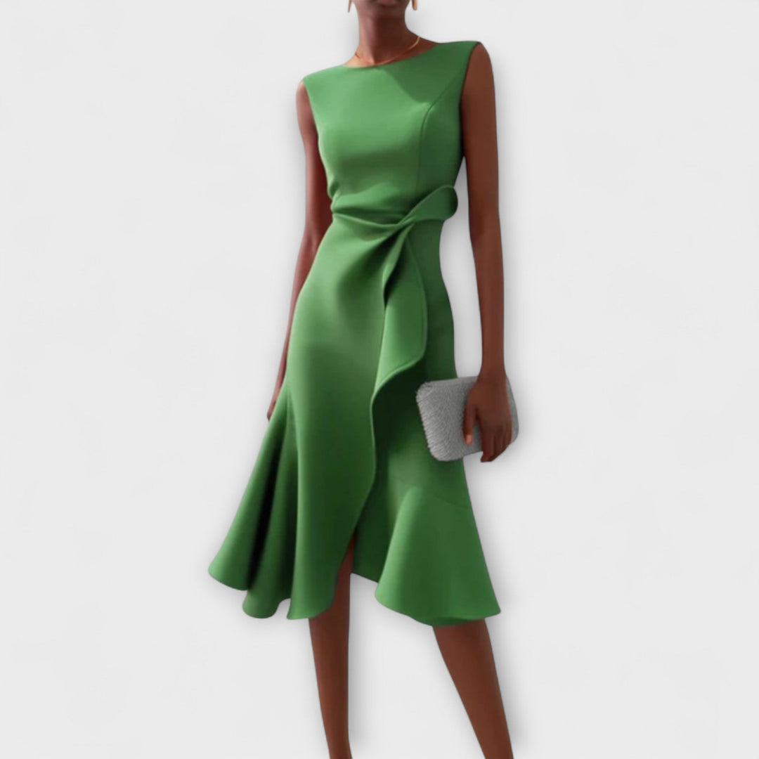 Chic women's sleeveless asymmetric midi dress. Versatile and elegant for evening events, parties, and celebrations.