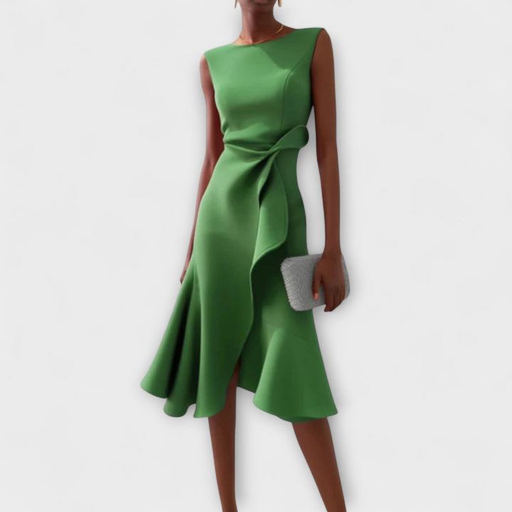Chic women's sleeveless asymmetric midi dress. Versatile and elegant for evening events, parties, and celebrations.
