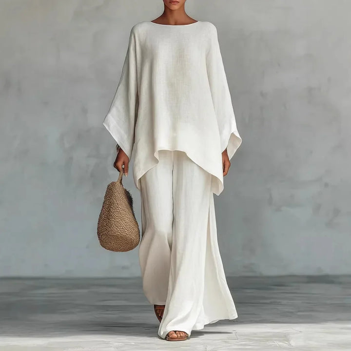 Women's elegant asymmetrical two-piece pant set, ideal for casual or loungewear comfort.