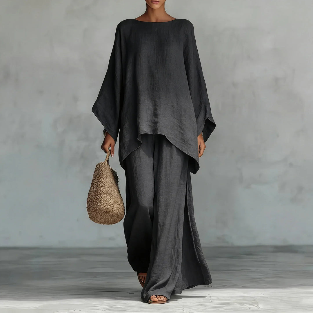 Comfortable women's asymmetrical two-piece pant set with wide-leg pants. Ideal casual loungewear.