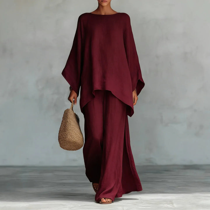 Versatile women's asymmetrical two-piece pant set. Elegant or casual, wide-leg design for comfort.