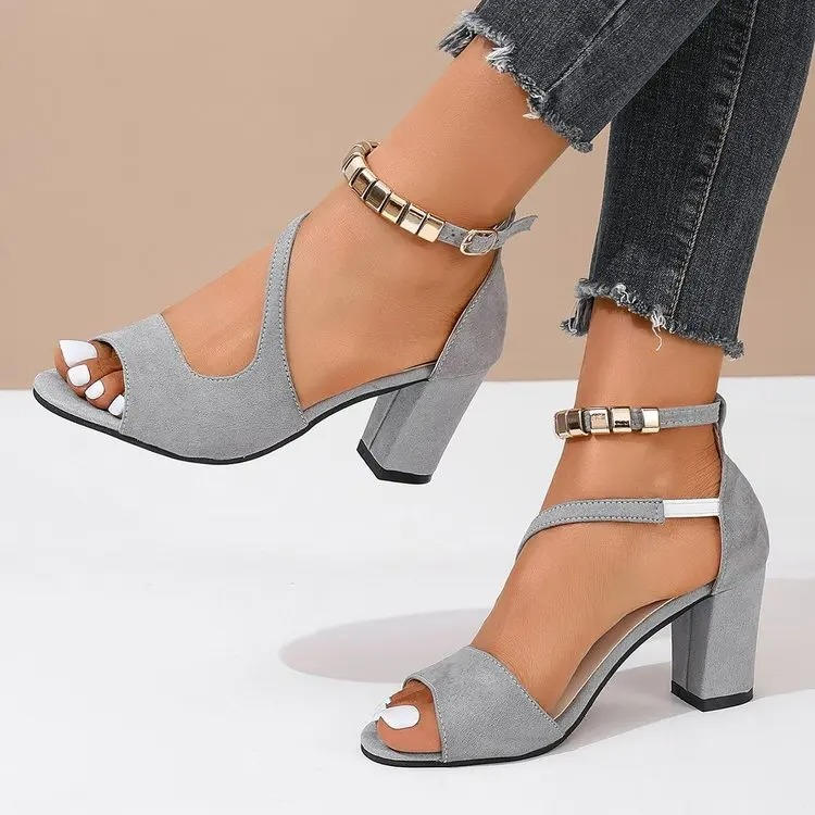 Back view of women's dressy block heel sandals featuring an open toe and sparkling beaded ankle strap, summer-ready.