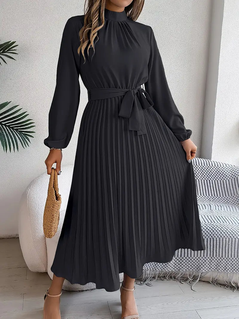 Sophisticated women's pleated midi dress with long sleeves; a versatile elegant belted design.