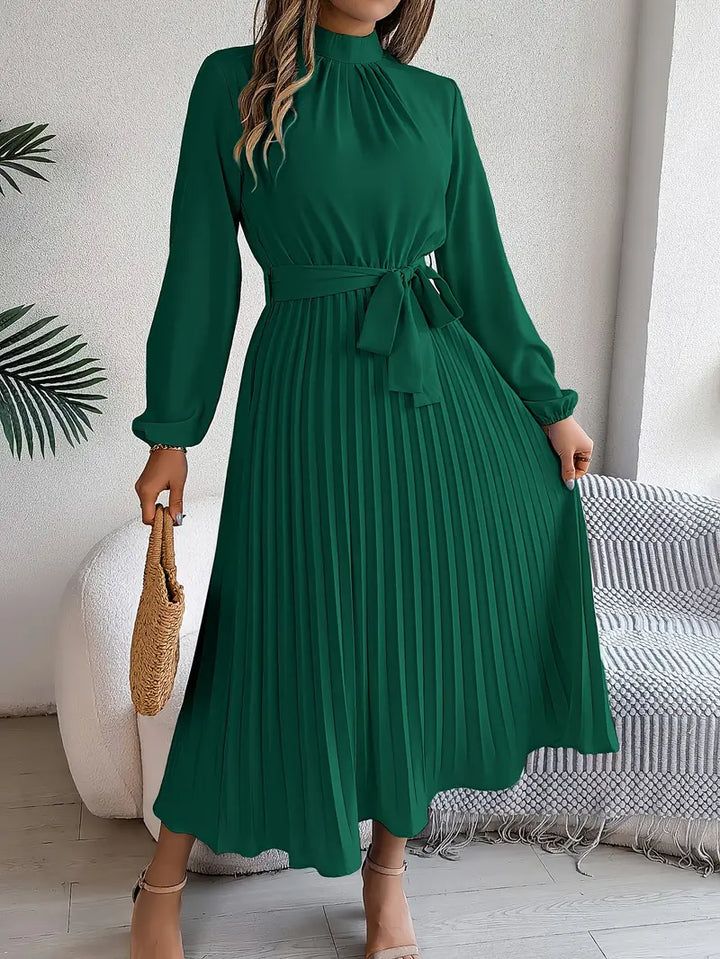 Stylish women's long-sleeve midi dress, pleated skirt & belted waist for a chic look.