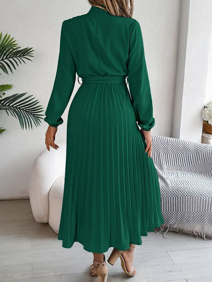 Elegant belted pleated midi dress for women; perfect for autumn, spring, and special events.