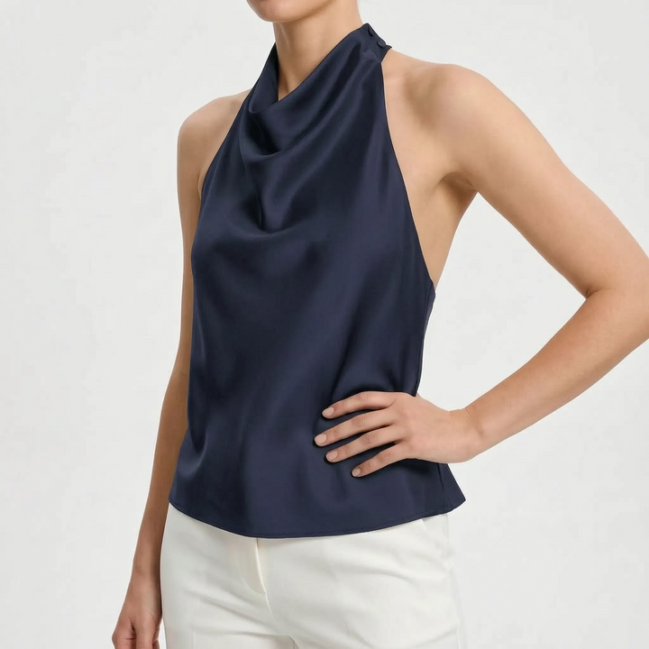 Women's polished evening halter top, sleeveless with a draped neckline and backless detail for a sleek look.