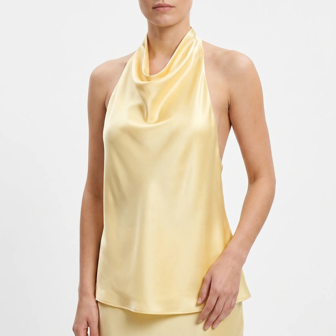 Sleek backless sleeveless halter top for women, featuring a chic draped neckline, ideal for evening wear.