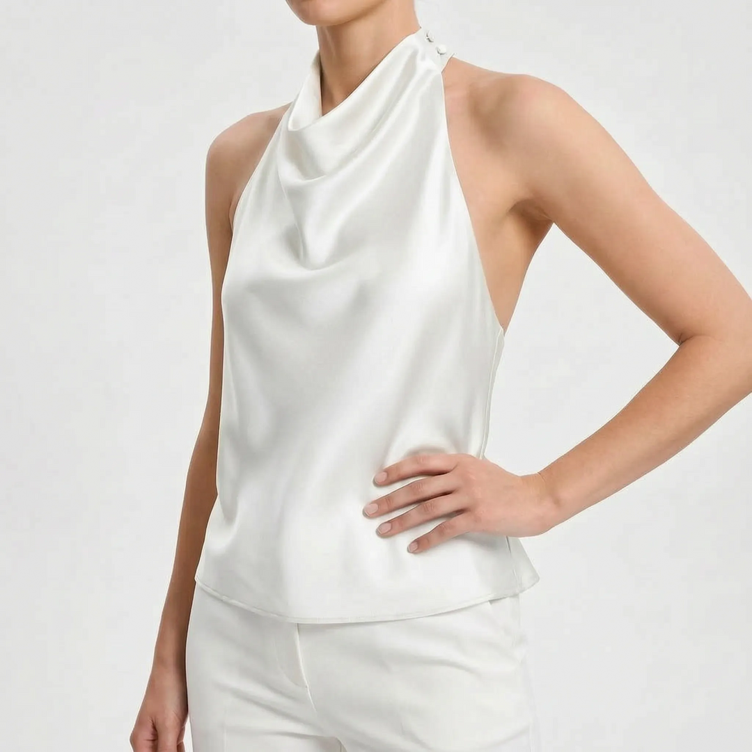 Chic women's draped halter top, solid and sleeveless, for an elegant evening outfit or summer party.
