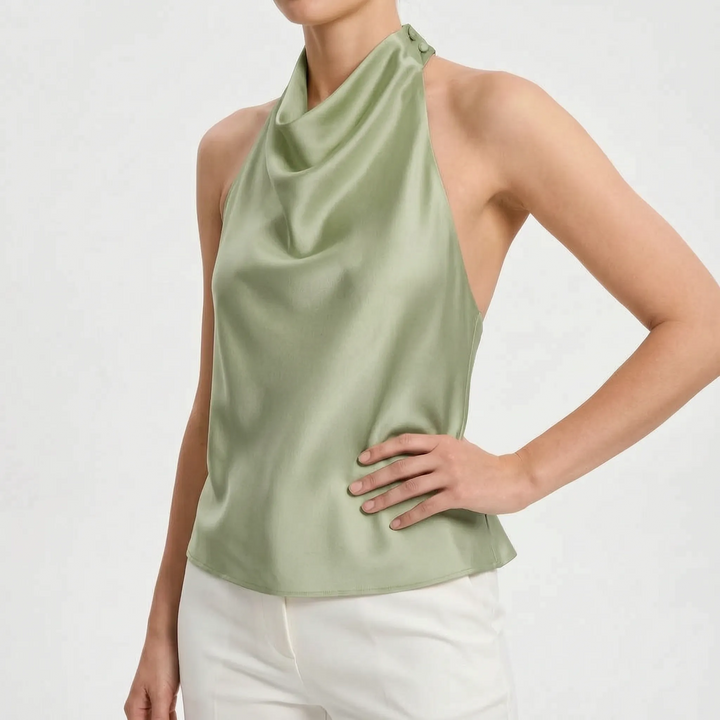 Women's summer fashion: a solid draped halter top, backless and sleeveless, for a refined evening outfit.