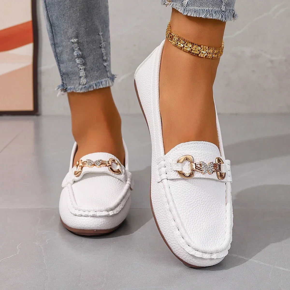 Comfortable women's dress shoes featuring a striking crystal chain.