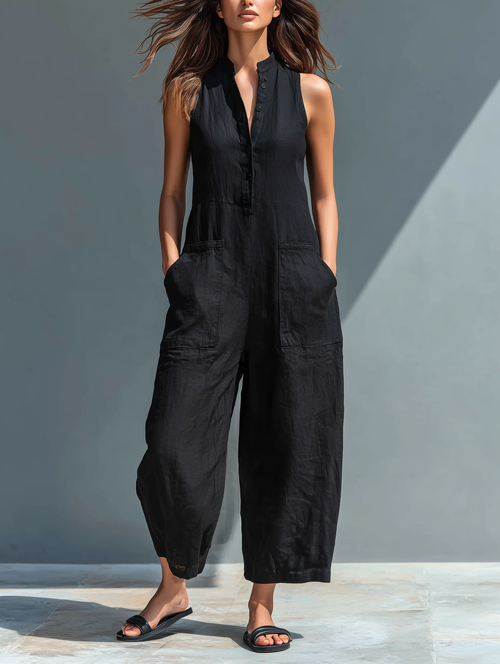Women's elegant black sleeveless loose jumpsuit with stand collar, perfect for comfortable summer casual wear & loungewear.