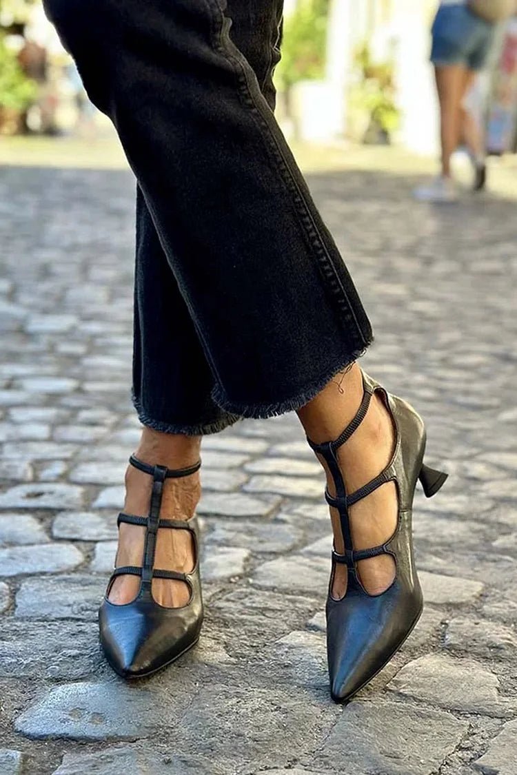 Women's elegant black strappy pointed toe kitten heel dress pumps, ideal for evening wear & parties.