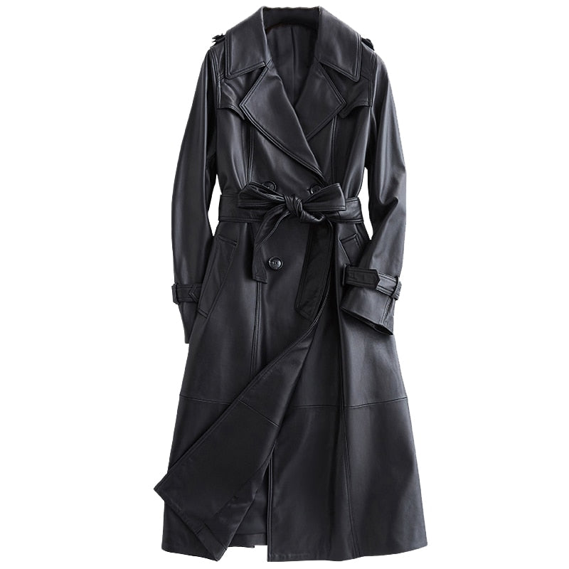 Women's elegant black trench coat, classic double-breasted outerwear perfect for fall and spring fashion.