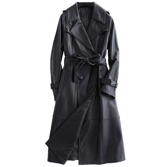 Women's elegant black trench coat, classic double-breasted outerwear perfect for fall and spring fashion.