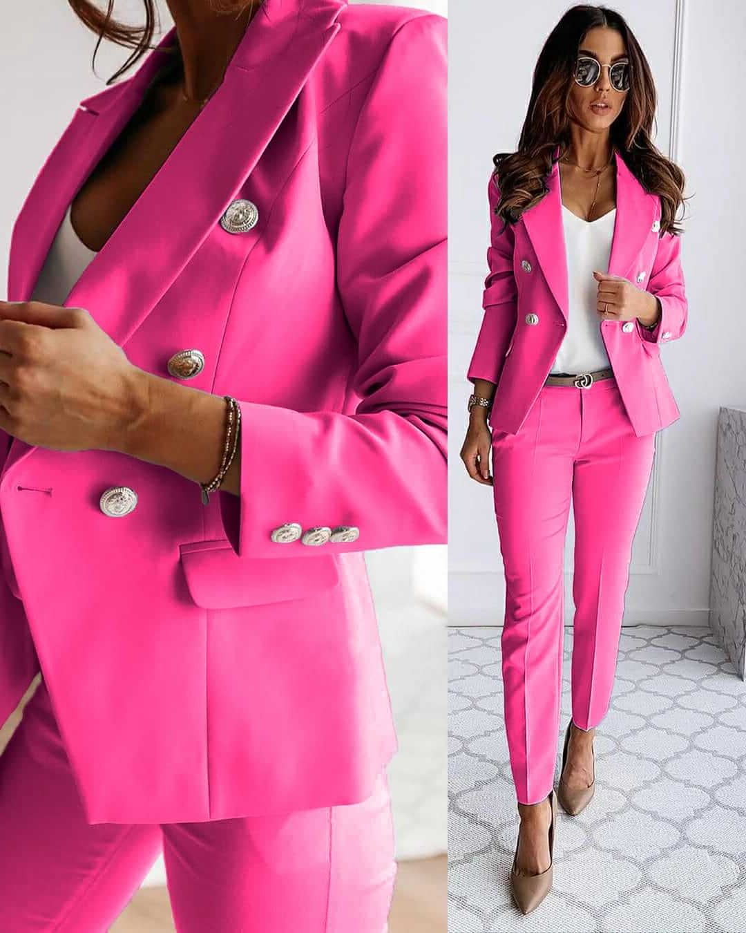 Elegant women's blazer set featuring a tailored jacket and matching bottom, ideal for a chic and formal attire.