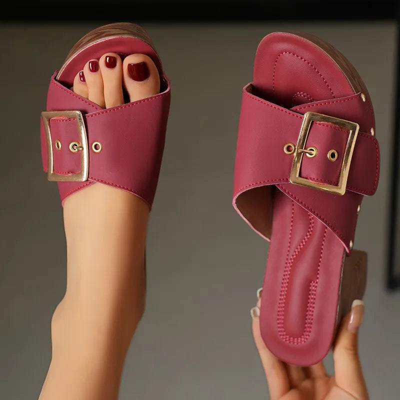 Women's summer elegant block heel slides, featuring a stylish buckle, perfect for warm weather fashion.